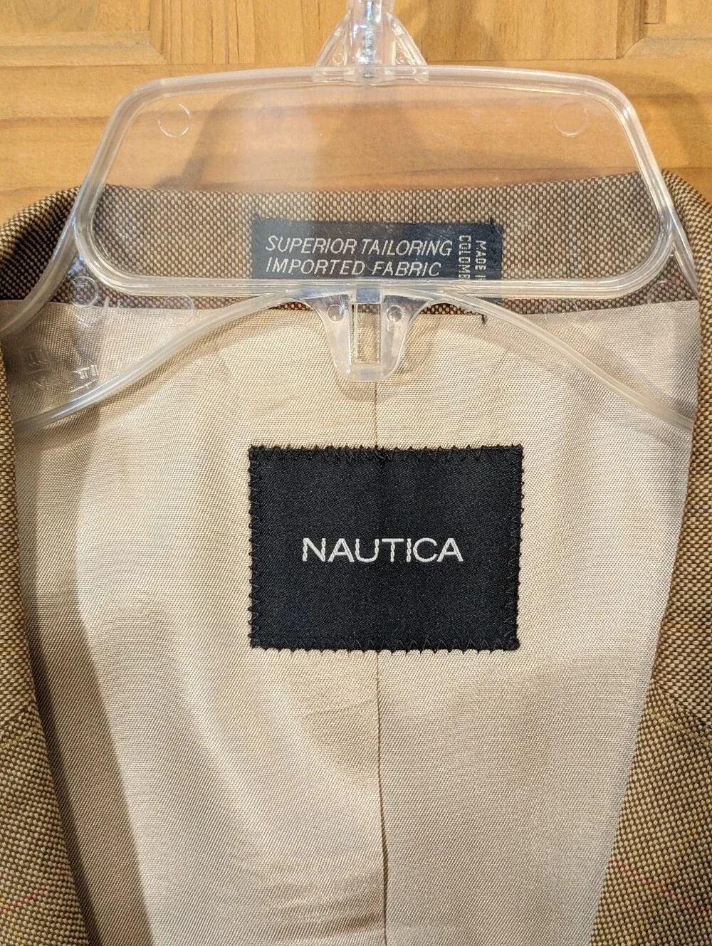 Nautica Blazer 100% Wool Tan Brown Windowpane Sport Coat 44R Classic Career